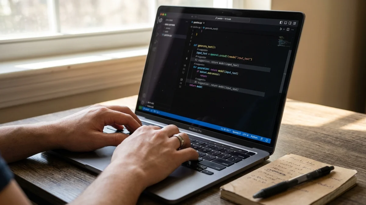 Developer typing on MacBook with AI code suggestions on screen