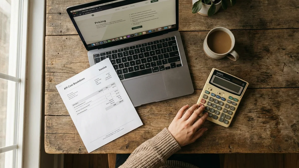 Calculator invoice and laptop on a desk reviewing AI model pricing