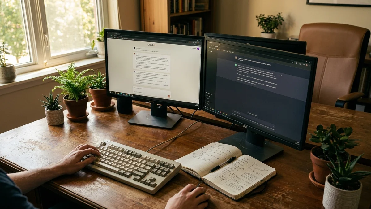 Developer working with Claude and ChatGPT on dual monitors