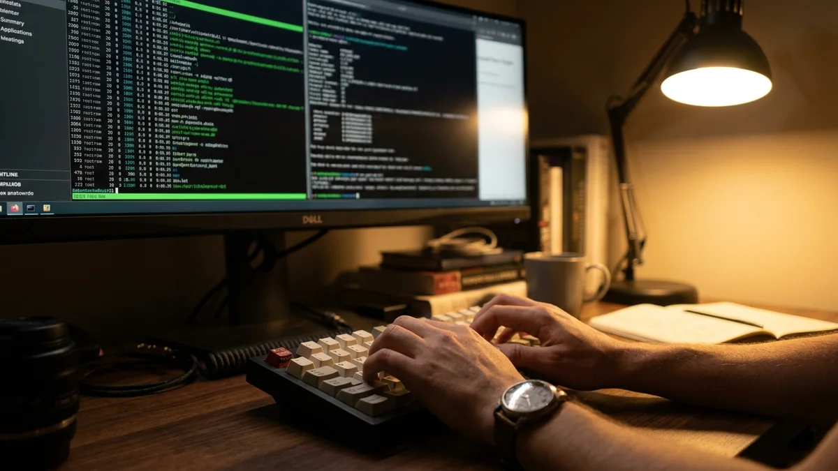 Hands typing on mechanical keyboard with terminal and code visible on monitor in evening light