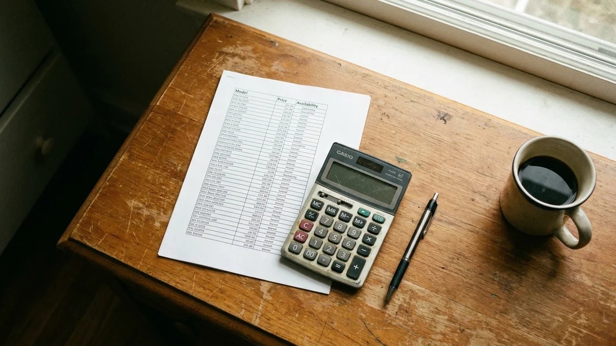 Overhead desk photo with pricing spreadsheet and calculator representing AI cost analysis