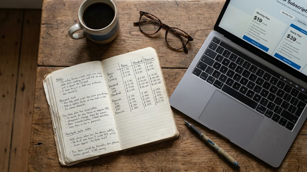 Overhead view of a desk with a notebook comparing Claude Opus 5 pricing plans