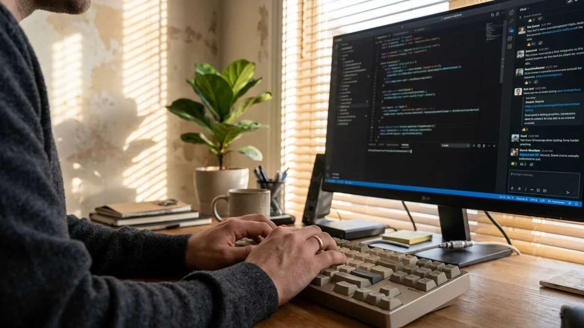 Developer typing at a keyboard with a code editor and AI chat panel visible on monitor