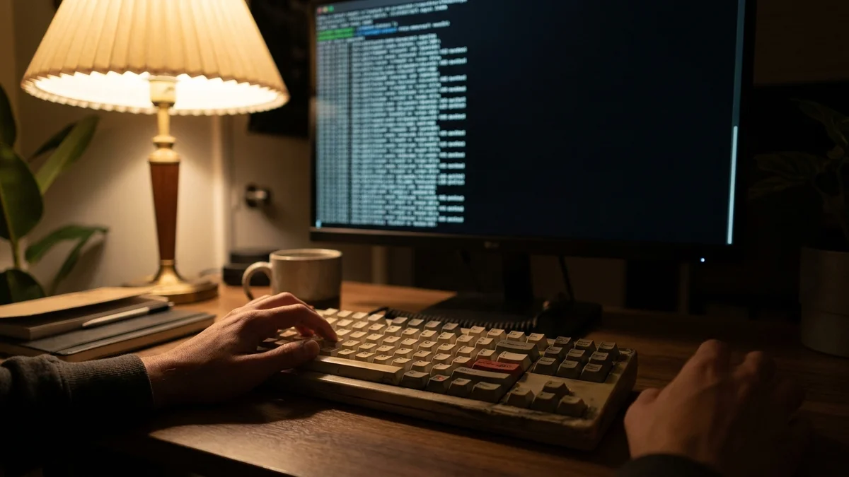 Developer hands typing on mechanical keyboard with streaming text on monitor