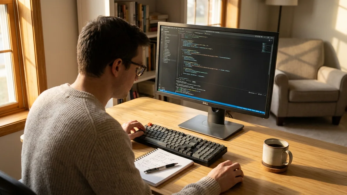 Software engineer reviewing code on a monitor with handwritten notes nearby