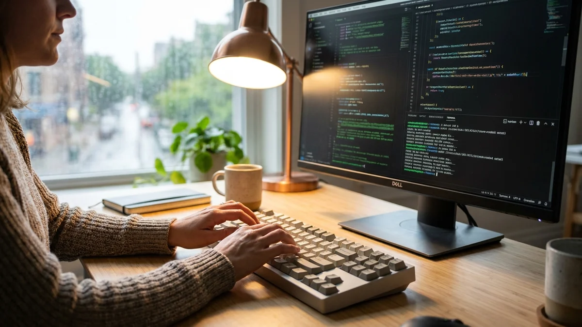 Developer at desk reviewing AI-generated code on a monitor