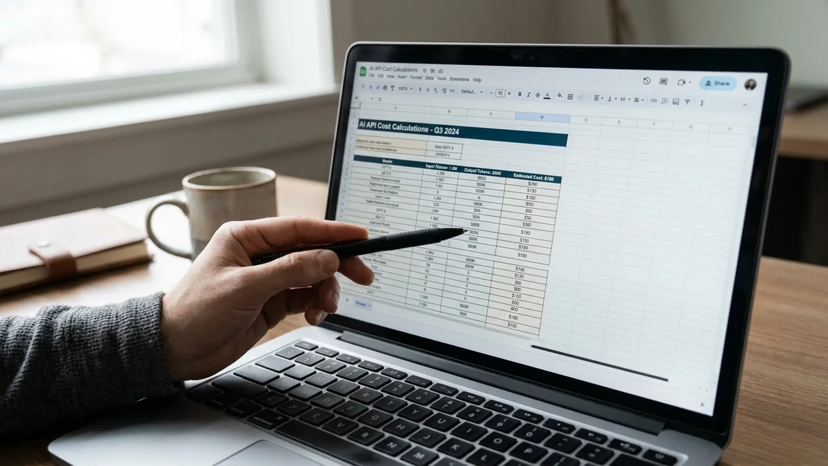 Hand pointing at spreadsheet showing AI model API pricing calculations on a laptop screen