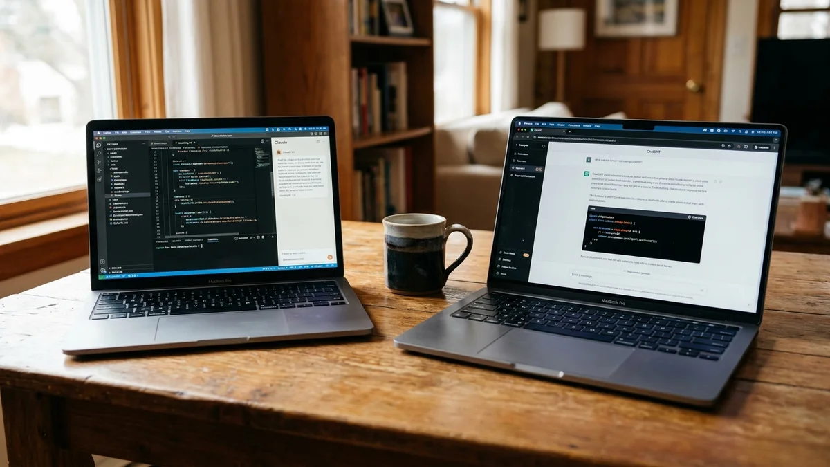 Two laptops side by side comparing Claude and GPT-5 model outputs on a developer desk