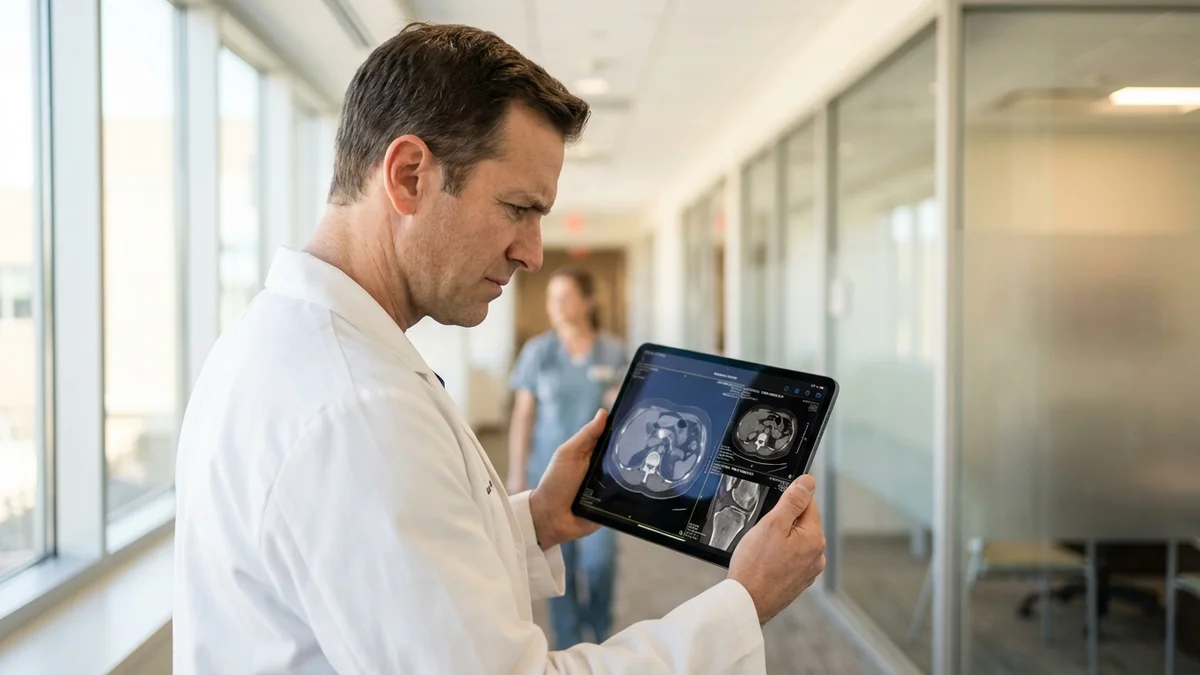 Doctor reviewing AI-assisted analysis on tablet in hospital setting