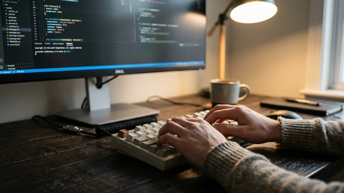 Developer hands typing on a mechanical keyboard with code editor in background