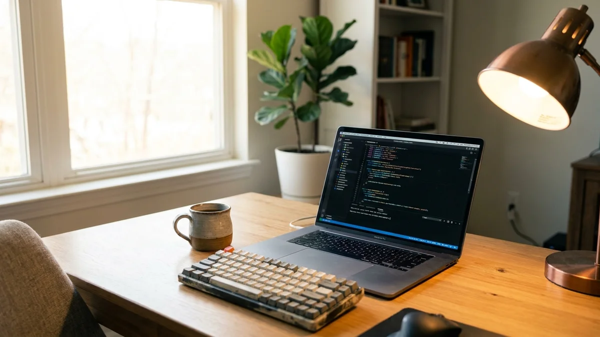 Developer working in Cursor IDE on a MacBook with warm desk lighting
