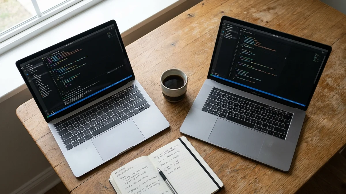 Two laptops side by side showing different AI code editors for comparison