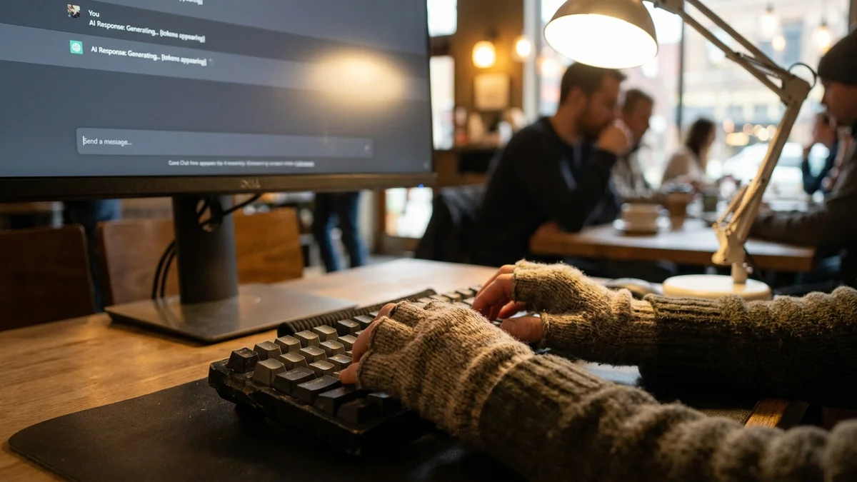 Hands typing on a mechanical keyboard with an AI chat response streaming on the monitor