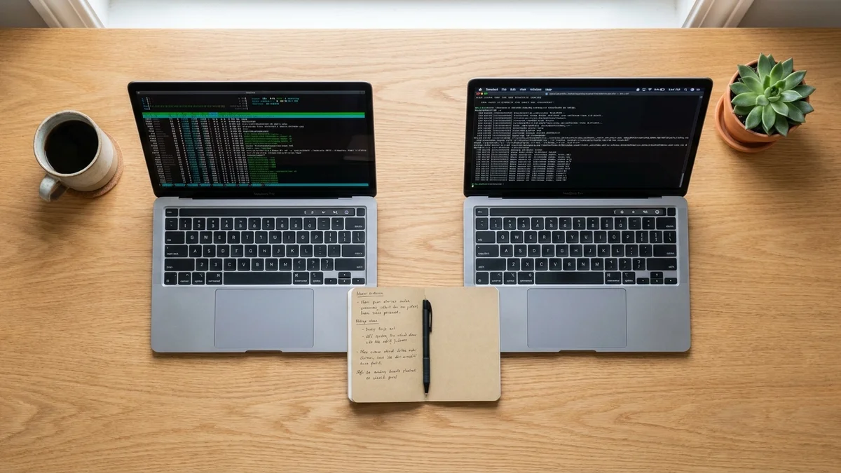 Two laptops on a desk representing the choice between DeepSeek V4-Flash and V3.2
