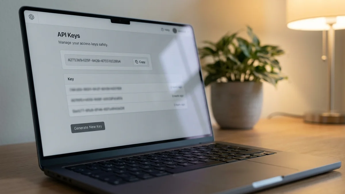 Laptop screen showing an API key management dashboard with copy button