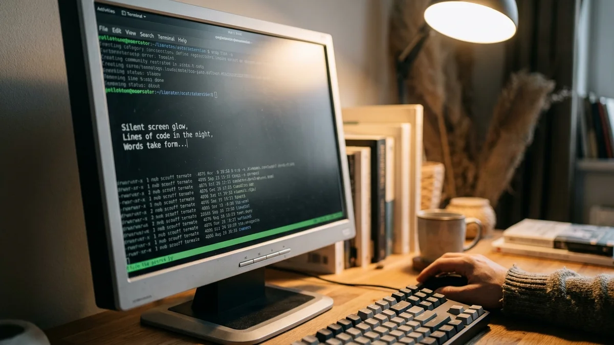 Monitor showing terminal output streaming text from an AI model