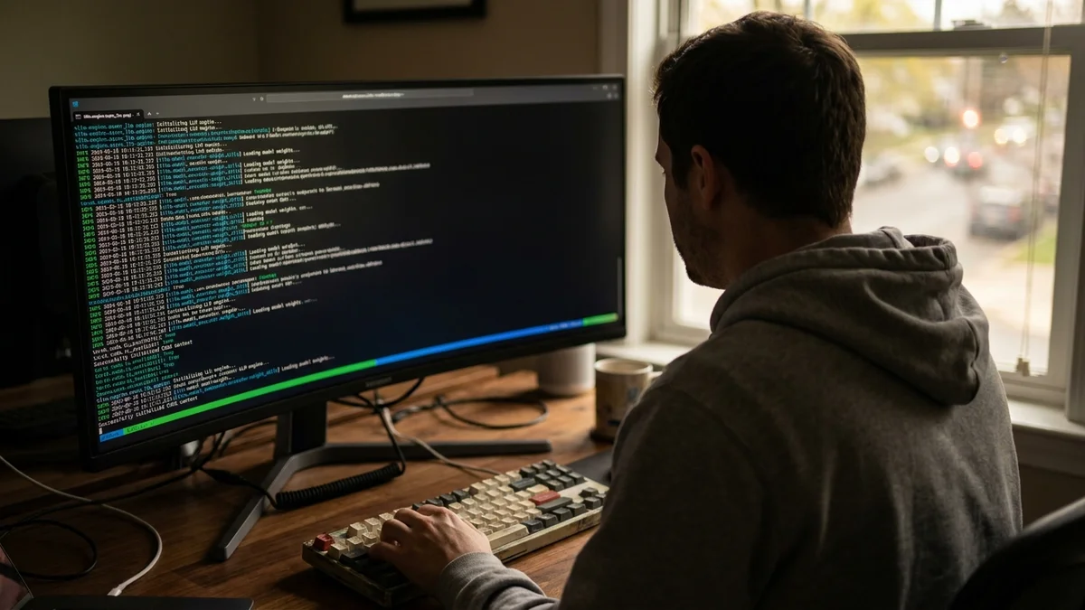 Developer at ultrawide monitor watching vLLM inference server start up in terminal