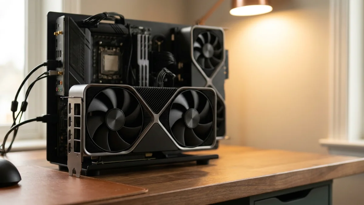 Two NVIDIA RTX GPUs installed side by side in an open PC case