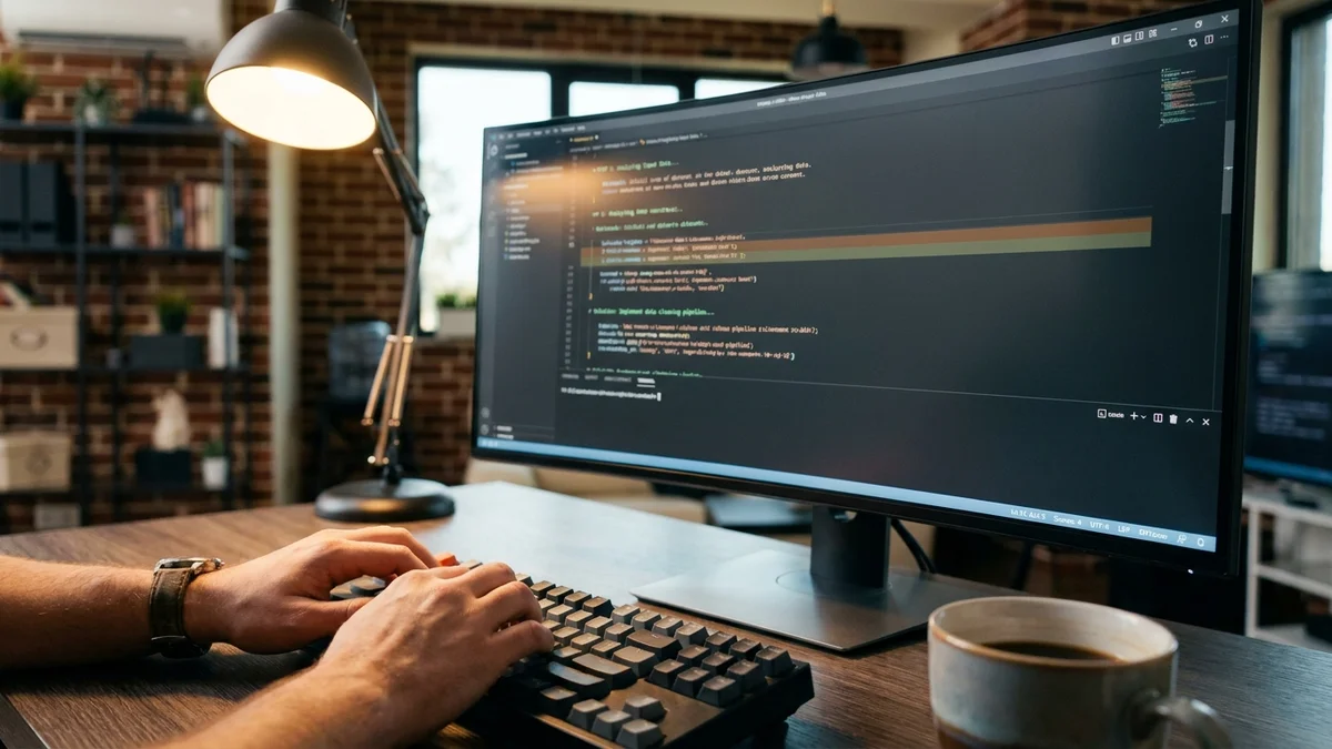 Developer reviewing chain-of-thought reasoning output from DeepSeek R1 on monitor