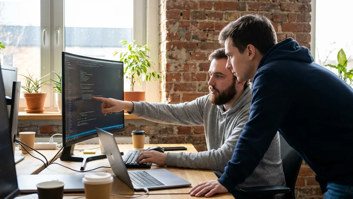 Two developers reviewing code on a monitor at a shared desk