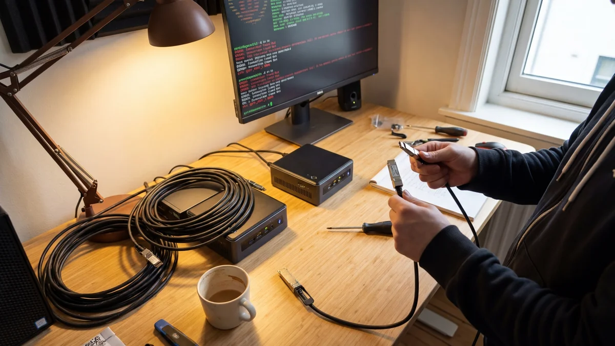 Developer setting up dual DGX Spark nodes with QSFP cables and terminal