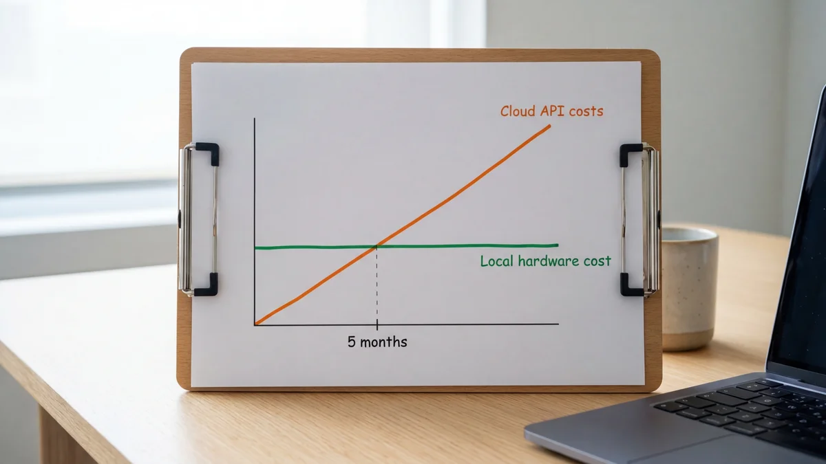 Line chart showing API costs crossing local hardware costs at 5 months