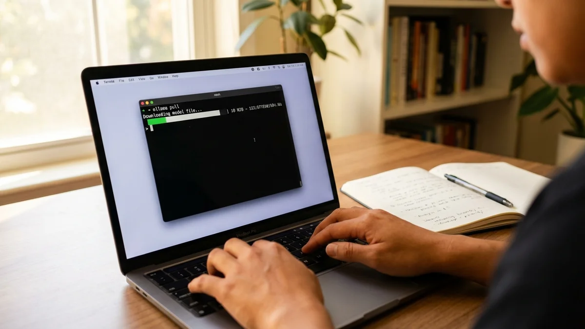 Laptop screen showing Ollama downloading a language model in terminal