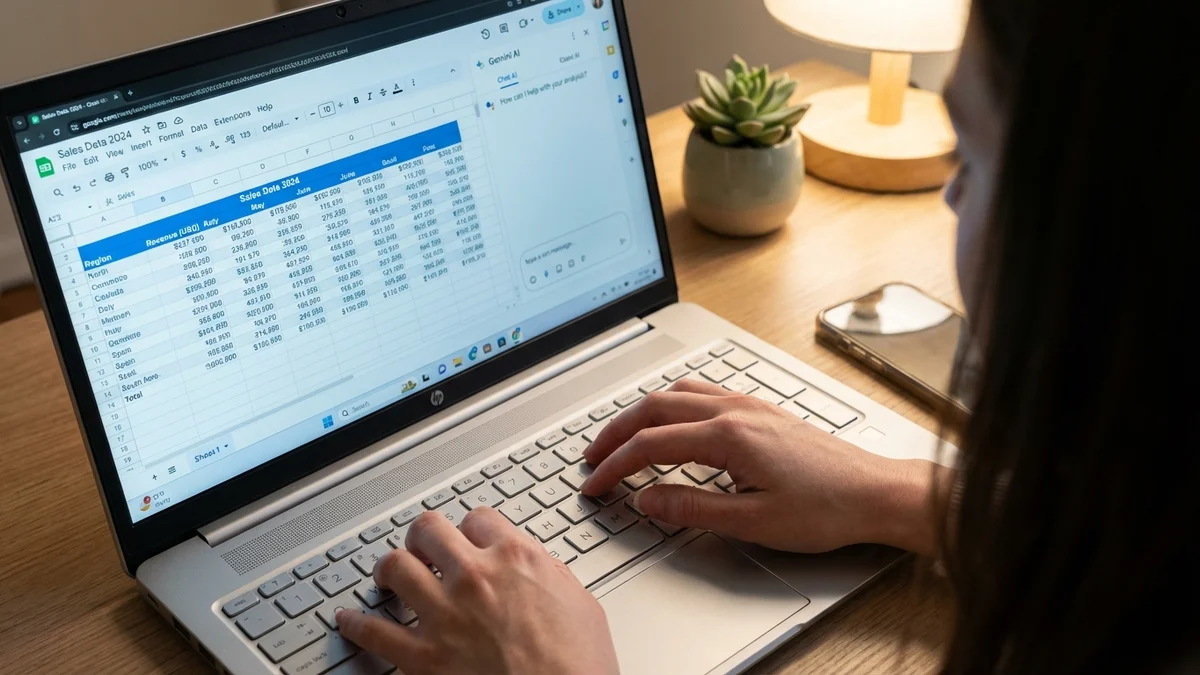 Hands typing on laptop showing Google Sheets with AI analysis sidebar