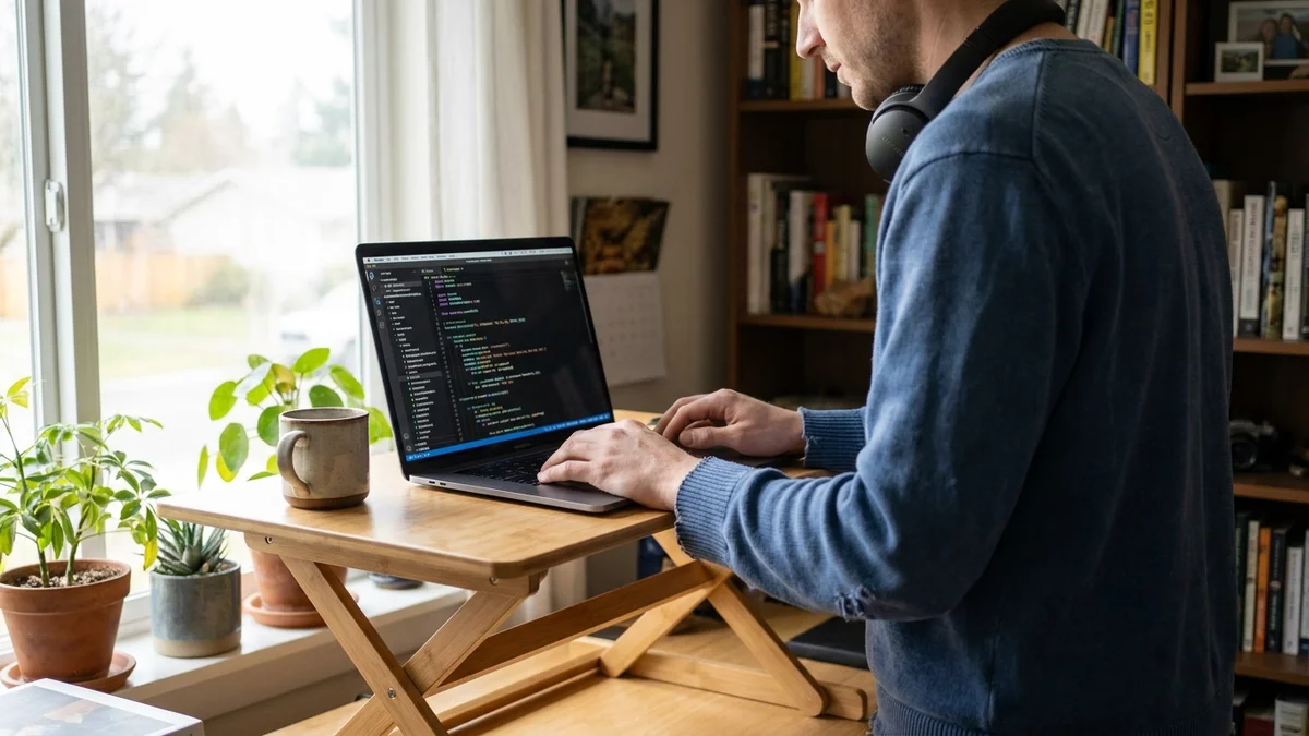 Developer working on voice application code with headphones at standing desk