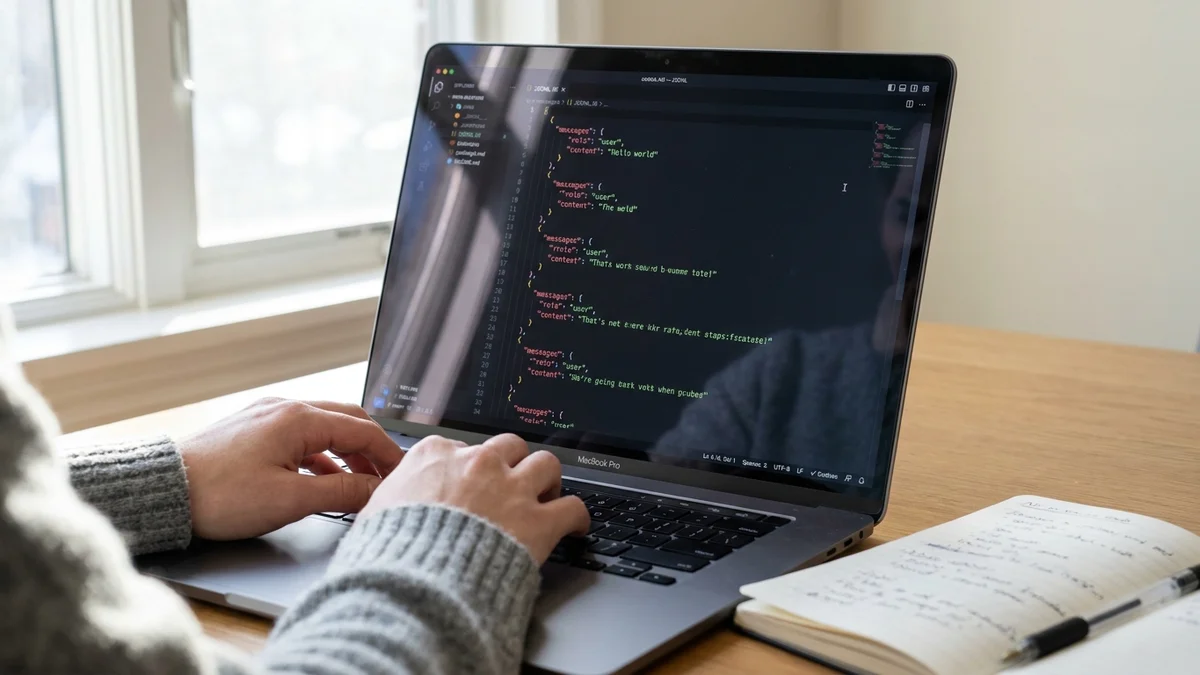 Laptop screen displaying JSONL training data for LLM fine-tuning