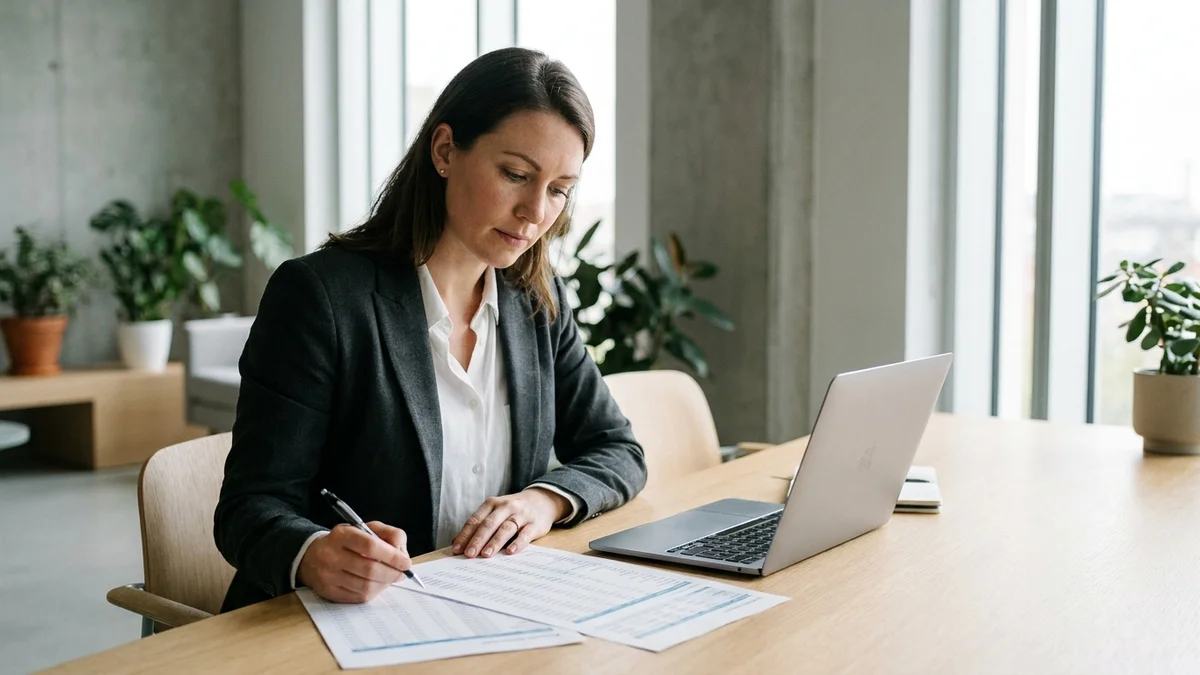 Analyst reviewing printed AI pricing documents at a bright office desk