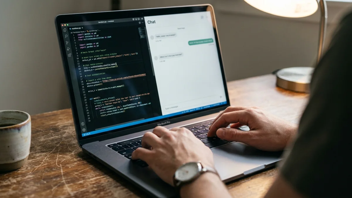 Developer hands typing on a MacBook with code and chat side by side