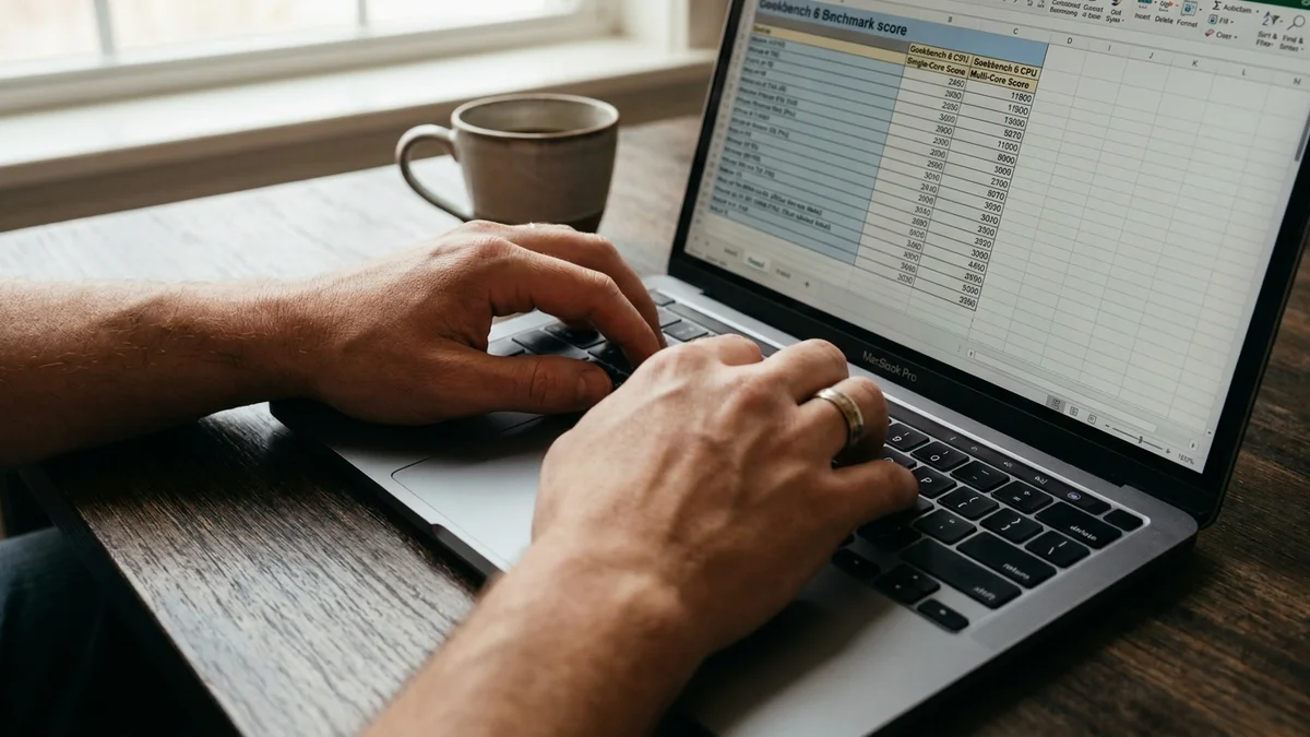 Hands typing on MacBook analyzing AI model benchmark scores in a spreadsheet