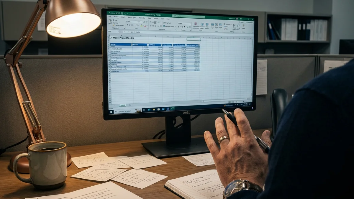 Analyst hand next to a monitor displaying an AI model pricing spreadsheet