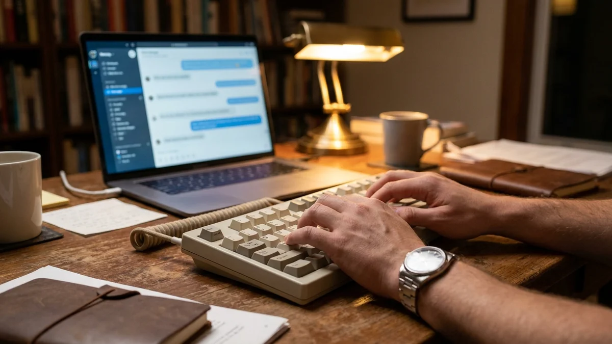 Hands typing on a mechanical keyboard with a chat interface visible on a laptop screen in the background