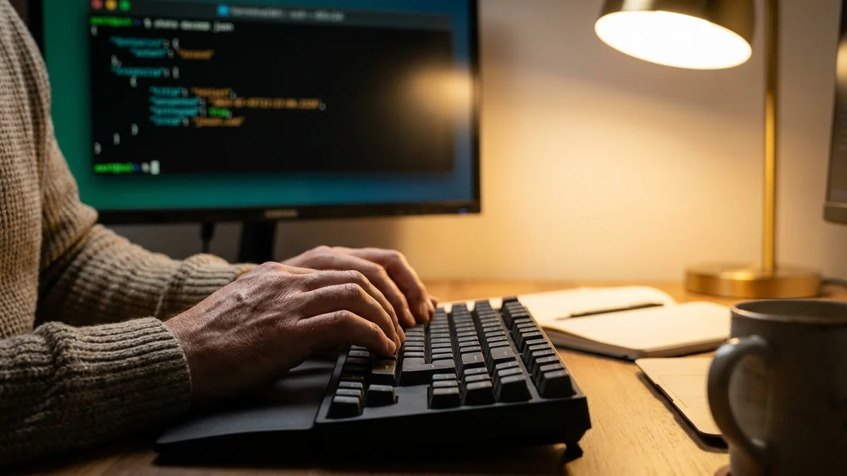 Developer hands typing on mechanical keyboard with terminal output visible on monitor
