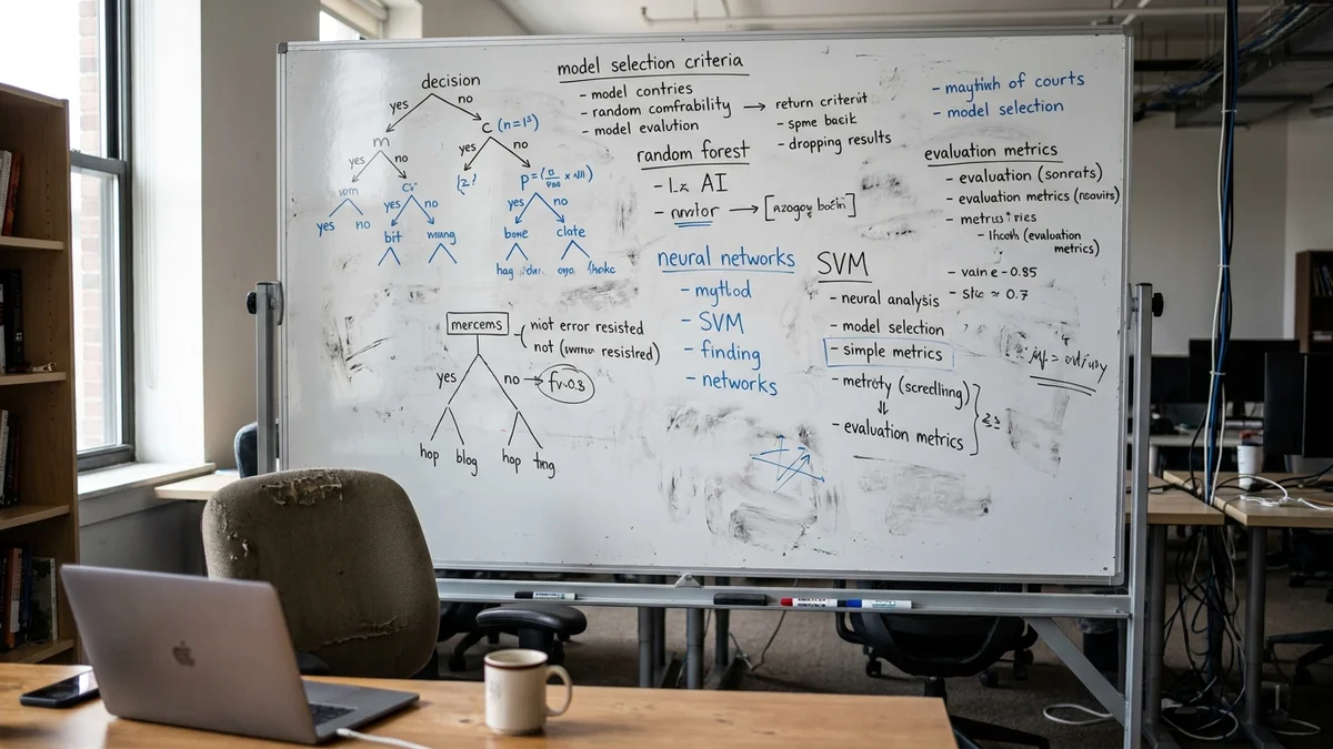 Office whiteboard with handwritten decision tree diagrams for AI model selection