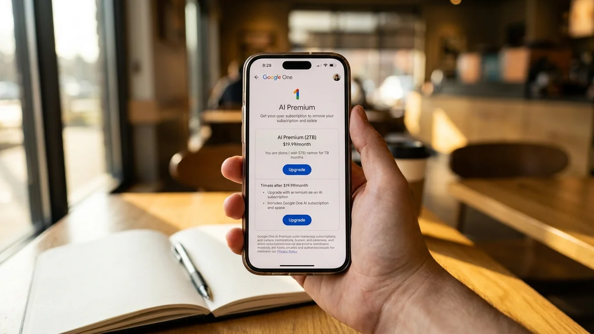 Hand holding a smartphone showing the Google One AI subscription page in a cafe