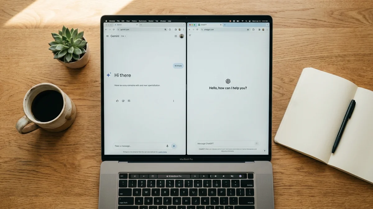 A MacBook on a desk with Gemini and ChatGPT chat windows side by side