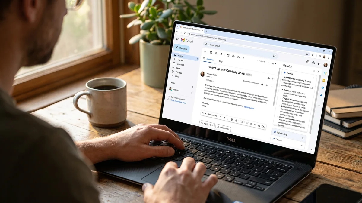 Person at a desk using the Gemini sidebar inside Gmail on a laptop