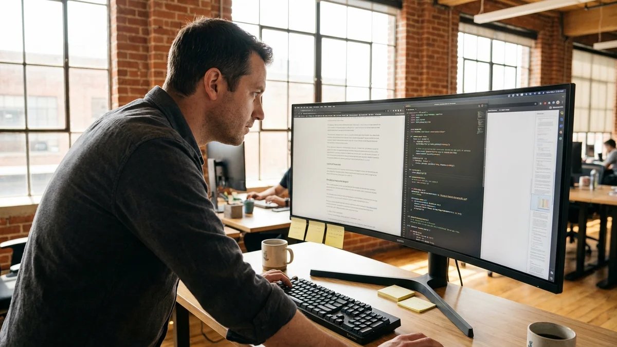 Developer reading a massive document on an ultrawide monitor at a standing desk