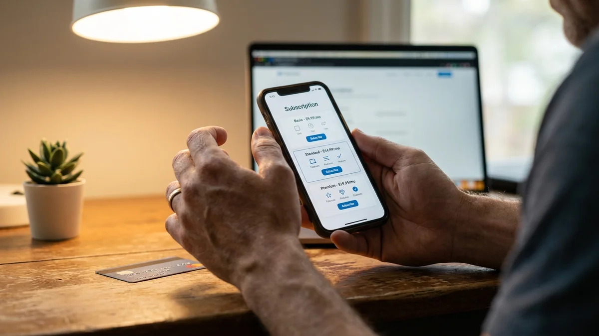 Hands holding phone showing subscription pricing page with credit card on desk