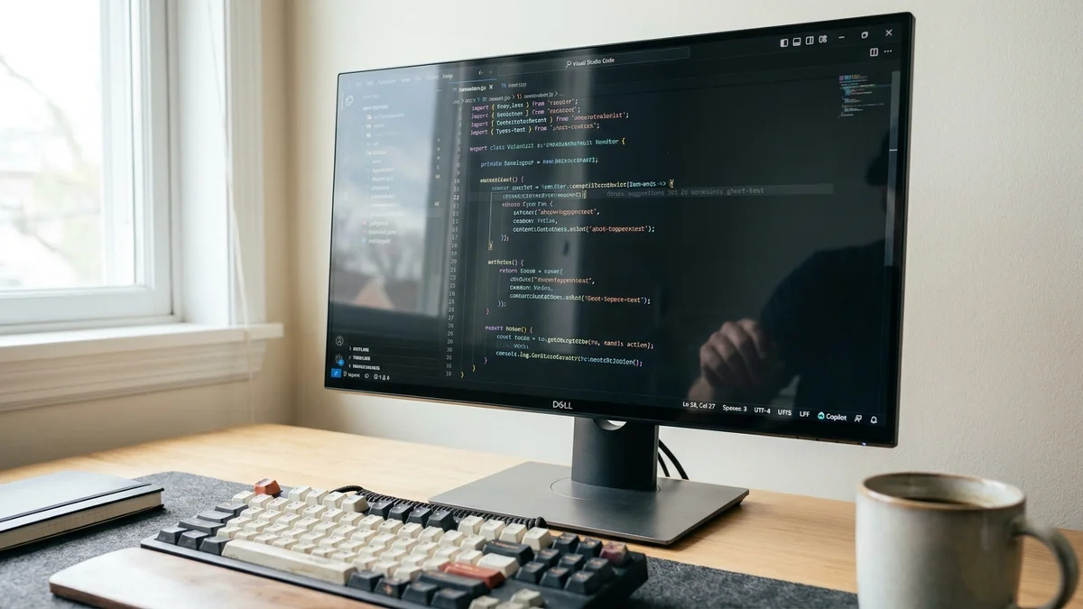 Code editor on monitor showing AI-generated inline suggestions in TypeScript