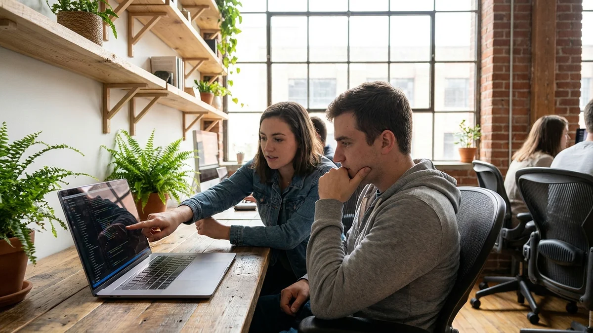 Two developers collaborating over a laptop while reviewing AI-generated code suggestions