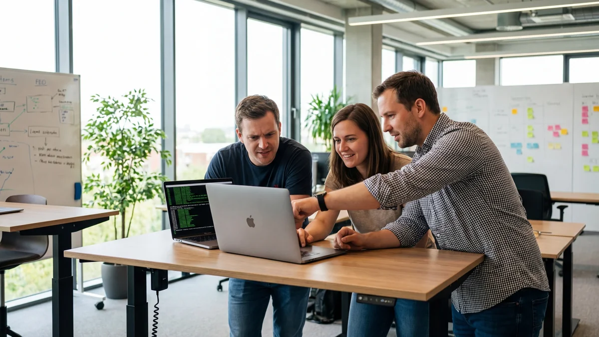 Development team evaluating open-source AI model results on laptop