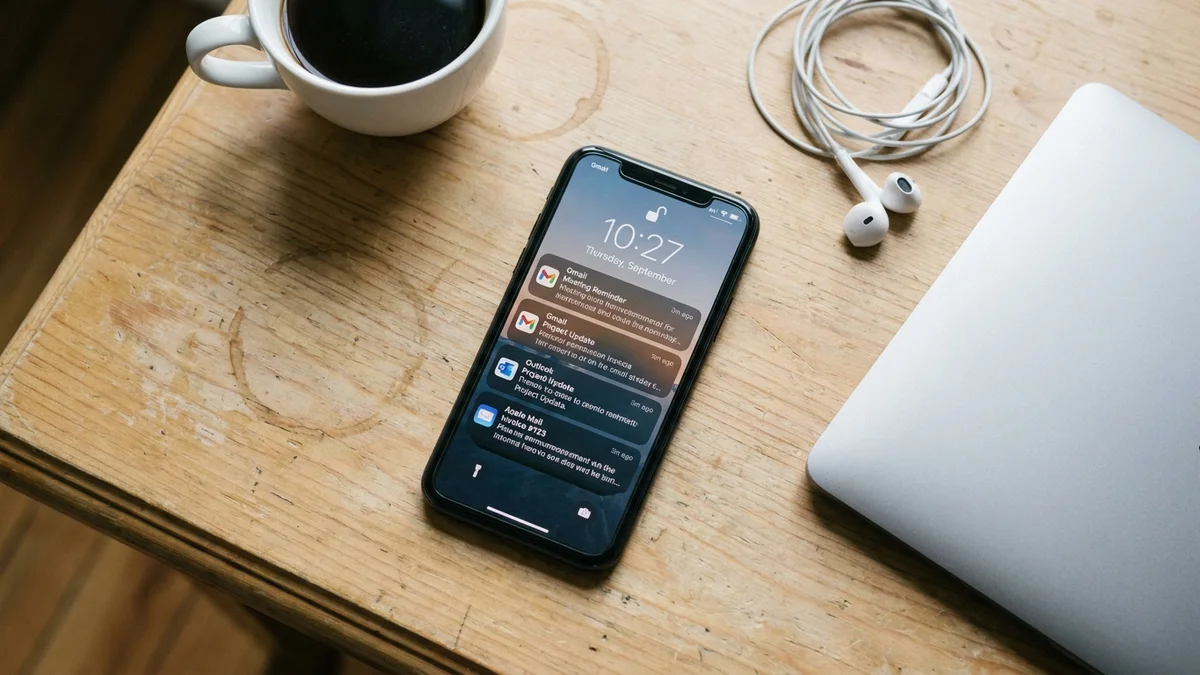 iPhone on a desk displaying multiple notification alerts next to a coffee cup