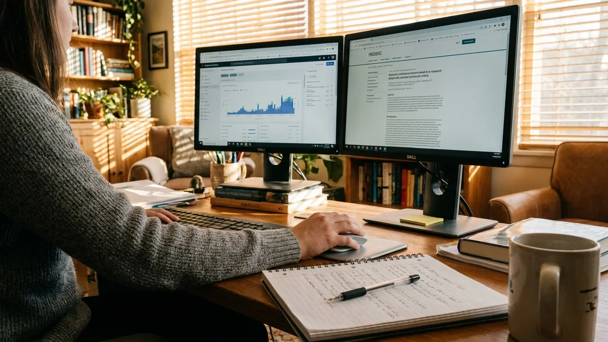 Researcher monitoring multiple topics on dual monitors at a sunlit desk
