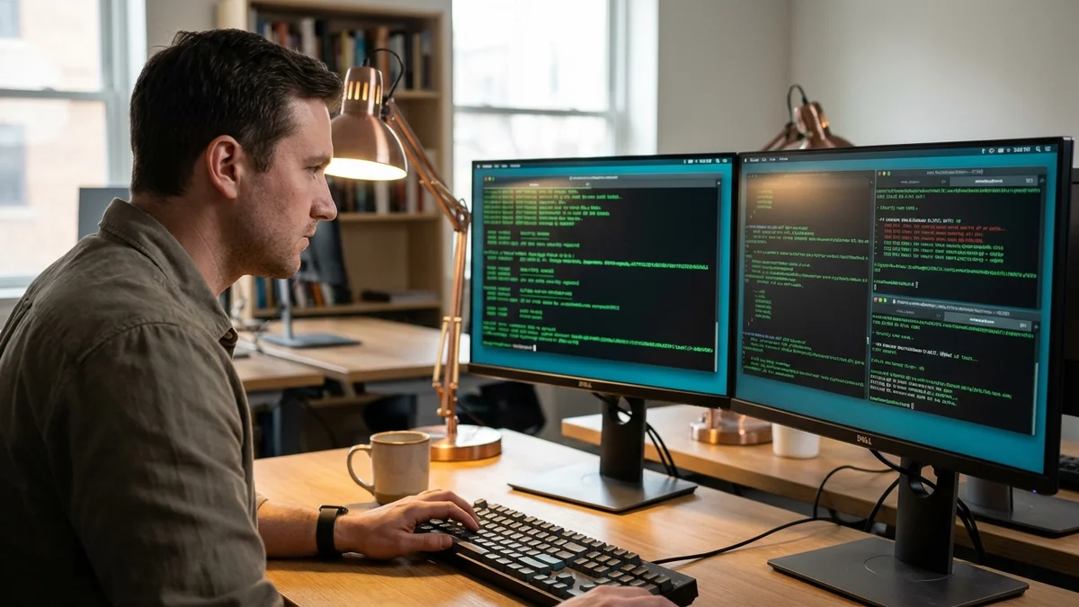 Developer reviewing security scan results on dual monitors in office