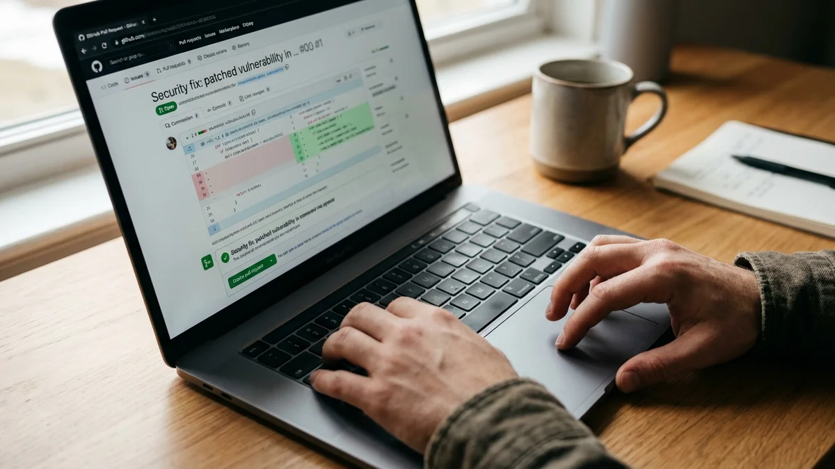 Laptop screen showing automated security patch code review on GitHub