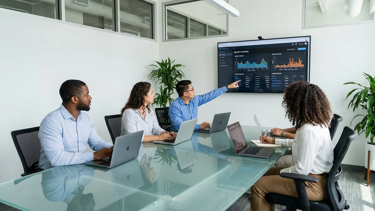 Security engineering team collaborating around conference table with security dashboard